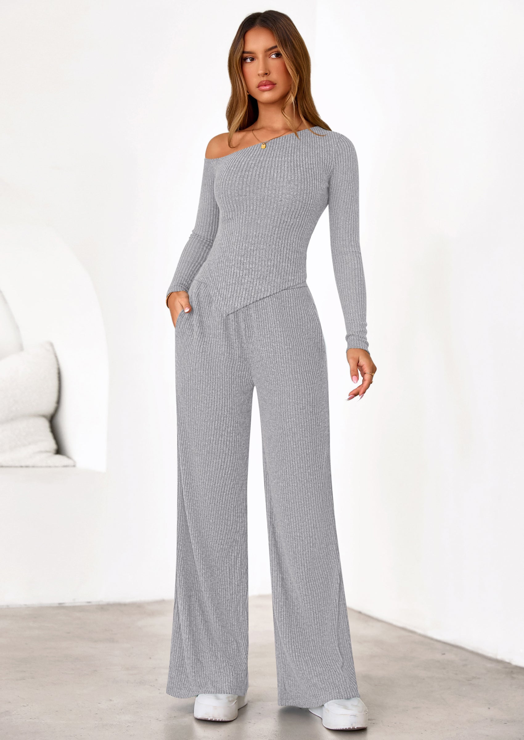 PRETTYGARDEN Casual Two Piece Sets for Women Fall Outfits Asymmetrical Off Shoulder Tops Wide Leg Pants Knit Lounge Set