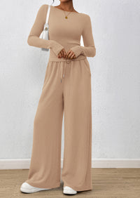 PRETTYGARDEN Women's 2 Piece Lounge Sets Fall Fashion Long Sleeve Crop Top Wide Leg Pants Matching Sets Clothing