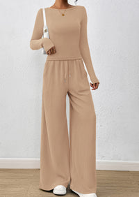 PRETTYGARDEN Women's 2 Piece Lounge Sets Fall Fashion Long Sleeve Crop Top Wide Leg Pants Matching Sets Clothing