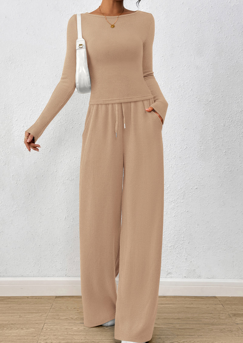 PRETTYGARDEN Women's 2 Piece Lounge Sets Fall Fashion Long Sleeve Crop Top Wide Leg Pants Matching Sets Clothing