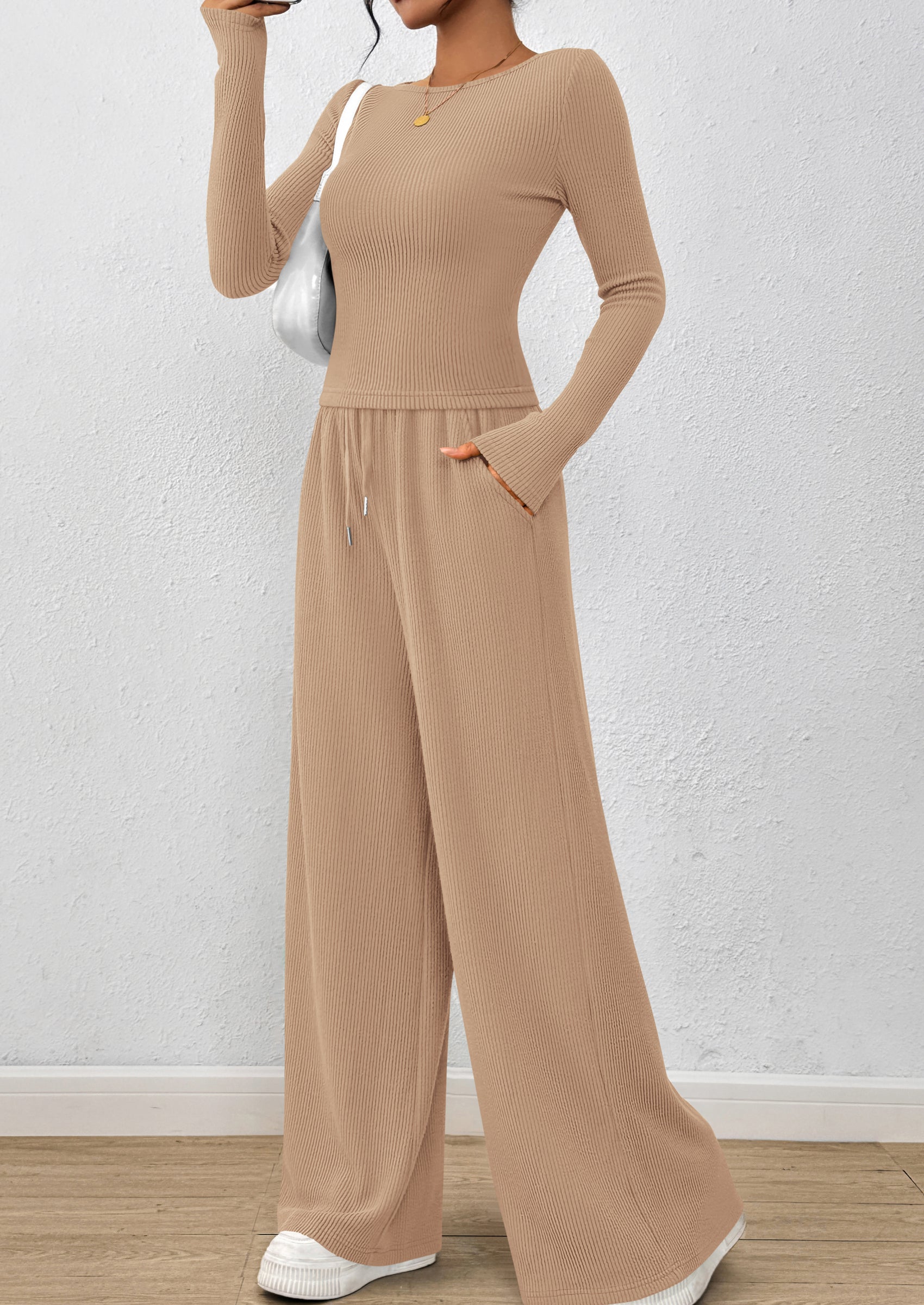 PRETTYGARDEN Women's 2 Piece Lounge Sets Fall Fashion Long Sleeve Crop Top Wide Leg Pants Matching Sets Clothing