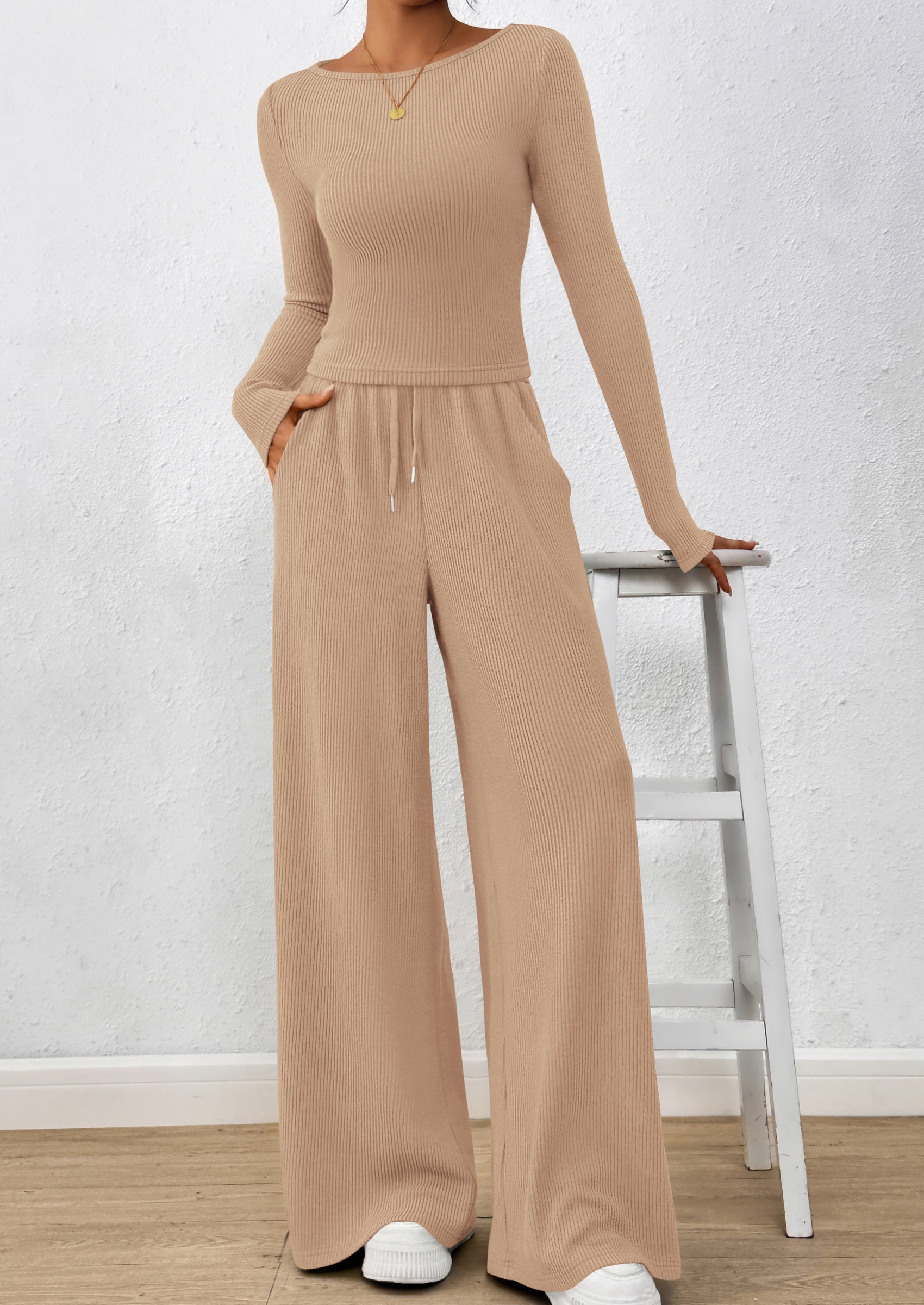 PRETTYGARDEN Women's 2 Piece Lounge Sets Fall Fashion Long Sleeve Crop Top Wide Leg Pants Matching Sets Clothing