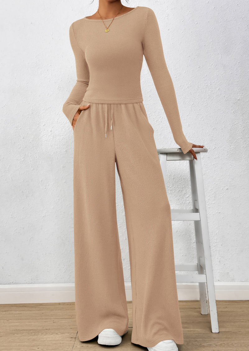 PRETTYGARDEN Women's 2 Piece Lounge Sets Fall Fashion Long Sleeve Crop Top Wide Leg Pants Matching Sets Clothing