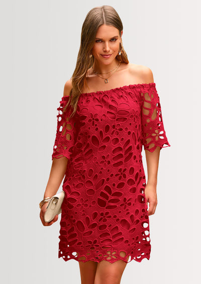 PRETTYGARDEN Women's Summer Off Shoulder Dresses Floral Lace Flare Short Sleeve Spring Vintage Elegant Mini Dress