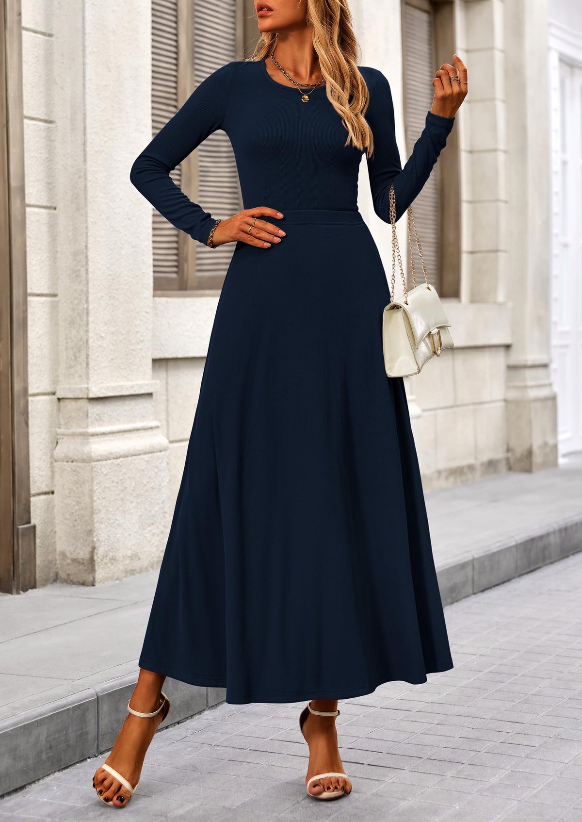 Casual Ribbed Knit Long Sleeve Crop Tops Maxi Flowy Skirts Two Piece Sets