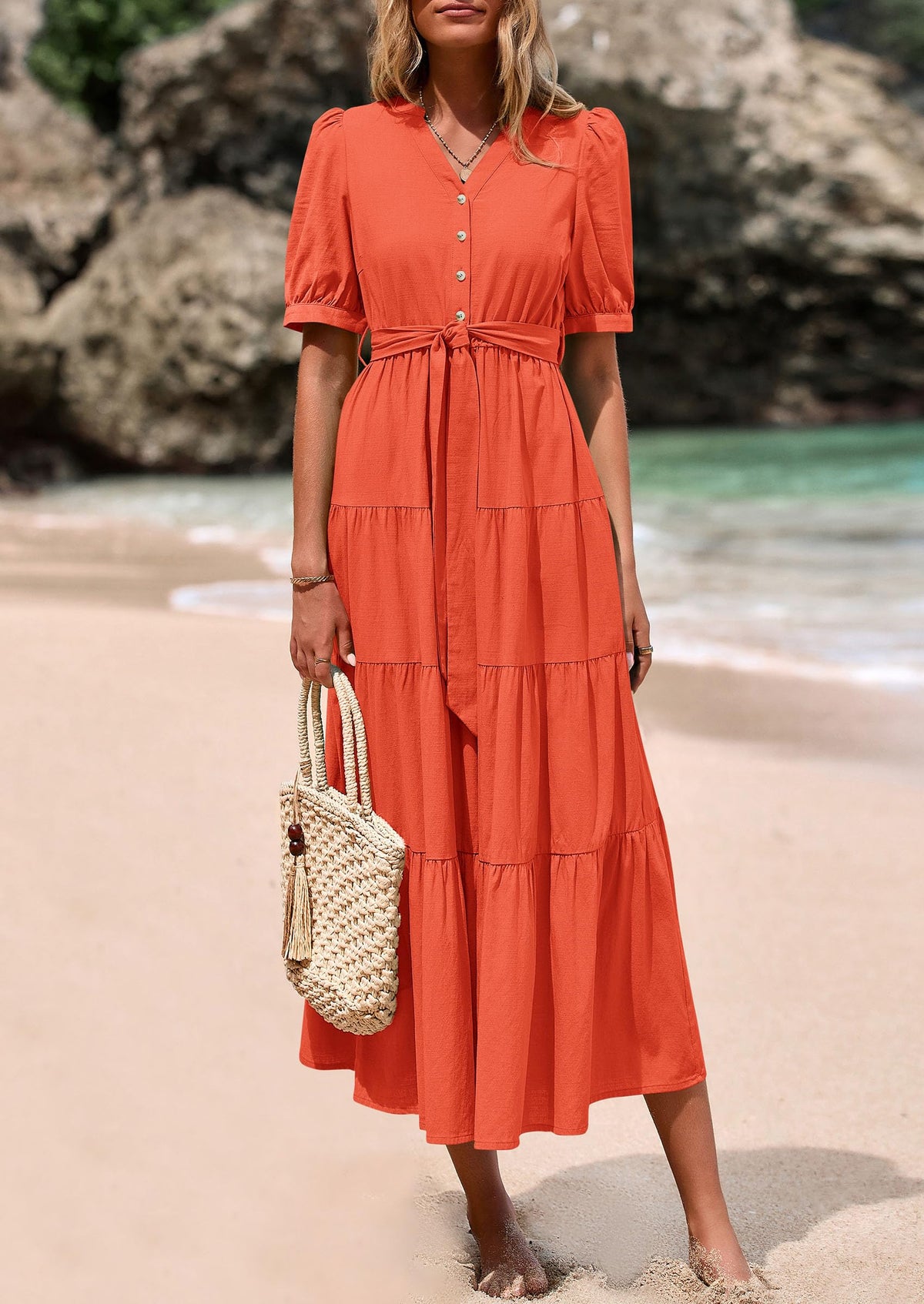 Casual Short Sleeved V-Neck Button Up Lace Up Dress