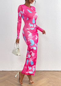 Floral Print Long Sleeve Tight Fitted Ruched Bodycon Maxi Dresses
