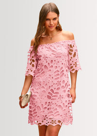 PRETTYGARDEN Women's Summer Off Shoulder Dresses Floral Lace Flare Short Sleeve Spring Vintage Elegant Mini Dress