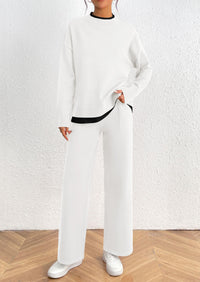 Long Sleeve Pullover Sweater Wide Leg Pants Two Piece Lounge Sets