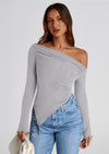 PRETTYGARDEN Women's Spring Long Sleeve Y2K Crop Top Trendy Off Shoulder Asymmetrical Fitted Knit Tee Shirts Going Out Tops