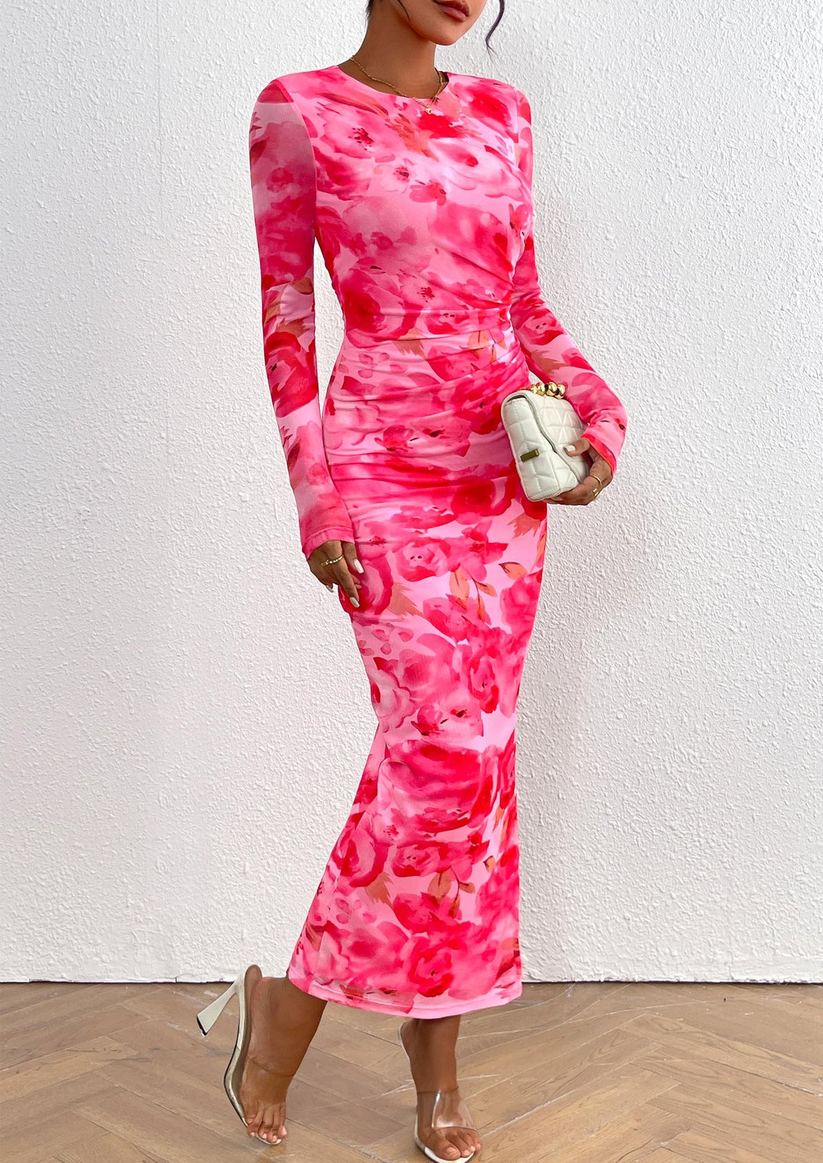 Floral Print Long Sleeve Tight Fitted Ruched Bodycon Maxi Dresses