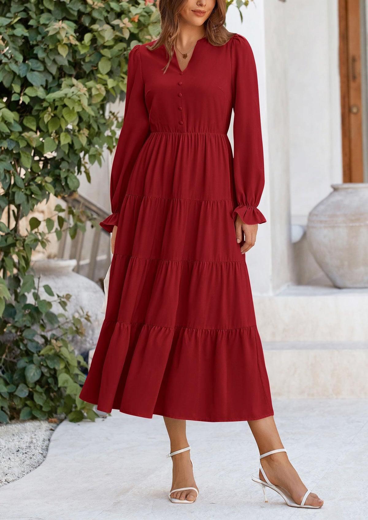 Long Sleeve V Neck Tiered Ruffle Flowy A Line Maxi Dresses