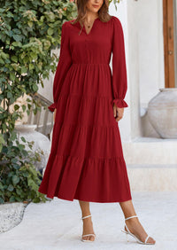 Long Sleeve V Neck Tiered Ruffle Flowy A Line Maxi Dresses