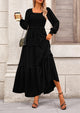 Long Sleeve Smocked Casual Square Neck Swiss Dot Tiered Ruffle Maxi Dresses
