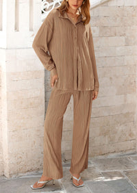 Casual Textured Button Down Shirt Wide Leg Pants Loungewear 2 Piece Sets