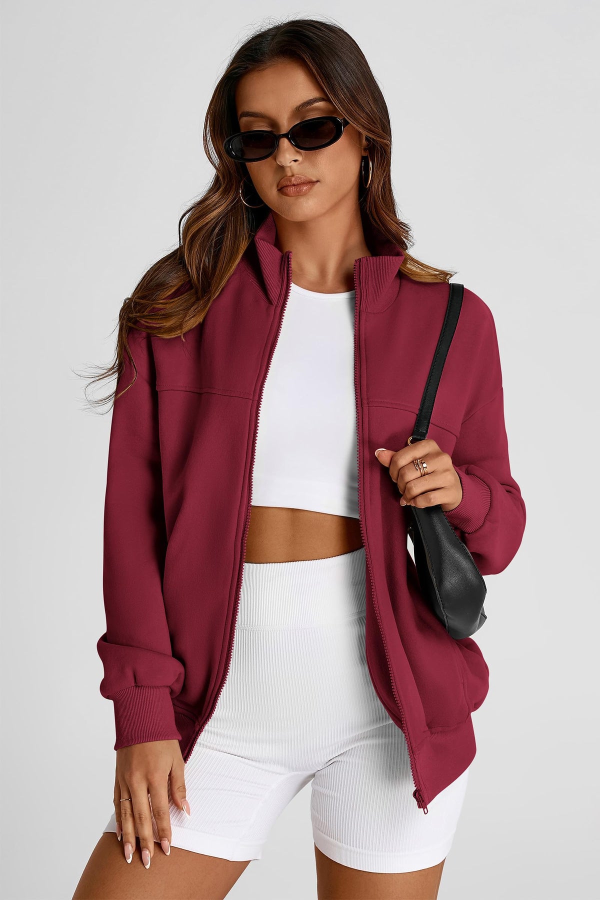 Full Zip Up Long Sleeve Loose Fit Trendy Casual Cardigan with Pockets