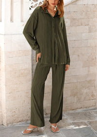 Casual Textured Button Down Shirt Wide Leg Pants Loungewear 2 Piece Sets