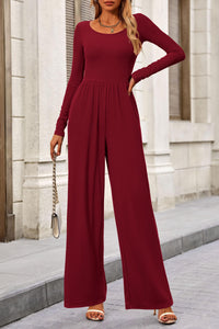 Solid Color Casual Long Sleeve Wide Leg Pants Jumpsuits