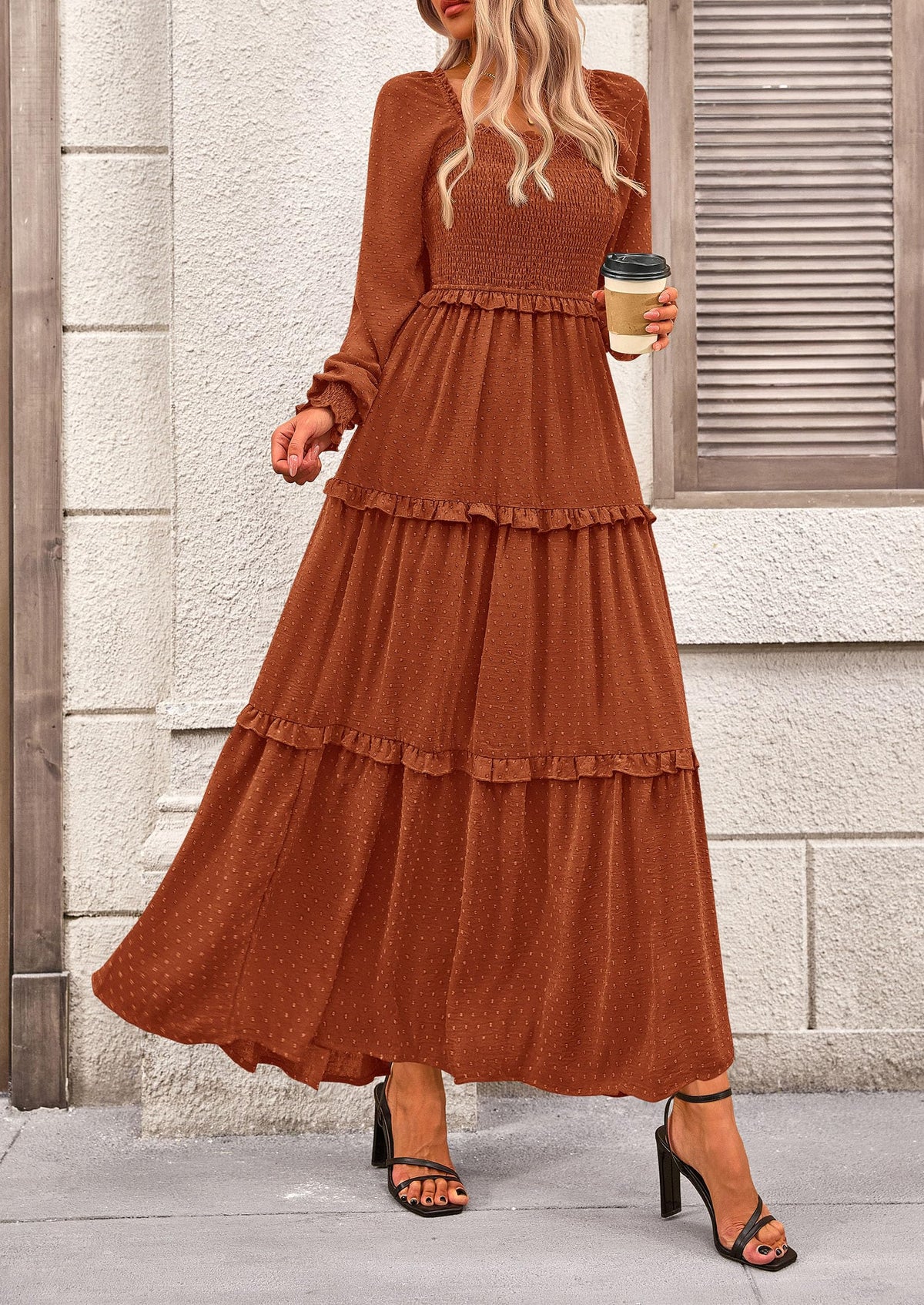 Long Sleeve Smocked Casual Square Neck Swiss Dot Tiered Ruffle Maxi Dresses