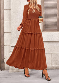 Long Sleeve Smocked Casual Square Neck Swiss Dot Tiered Ruffle Maxi Dresses
