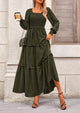Long Sleeve Smocked Casual Square Neck Swiss Dot Tiered Ruffle Maxi Dresses
