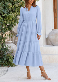 Long Sleeve V Neck Tiered Ruffle Flowy A Line Maxi Dresses