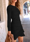 PRETTYGARDEN Women's Spring Fall Ruched Bodycon Mini Dress Long Puff Sleeve Ruffle Fitted Cocktail Party Dresses