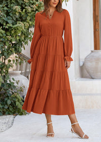 Long Sleeve V Neck Tiered Ruffle Flowy A Line Maxi Dresses