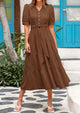 Casual Short Sleeved V-Neck Button Up Lace Up Dress