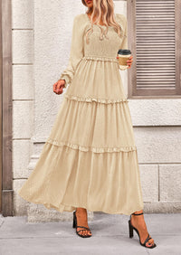Long Sleeve Smocked Casual Square Neck Swiss Dot Tiered Ruffle Maxi Dresses
