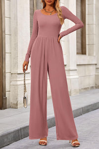 Solid Color Casual Long Sleeve Wide Leg Pants Jumpsuits