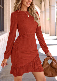 Ruched Bodycon Long Puff Sleeve Ruffle Fitted Mini Dress