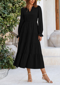 Long Sleeve V Neck Tiered Ruffle Flowy A Line Maxi Dresses