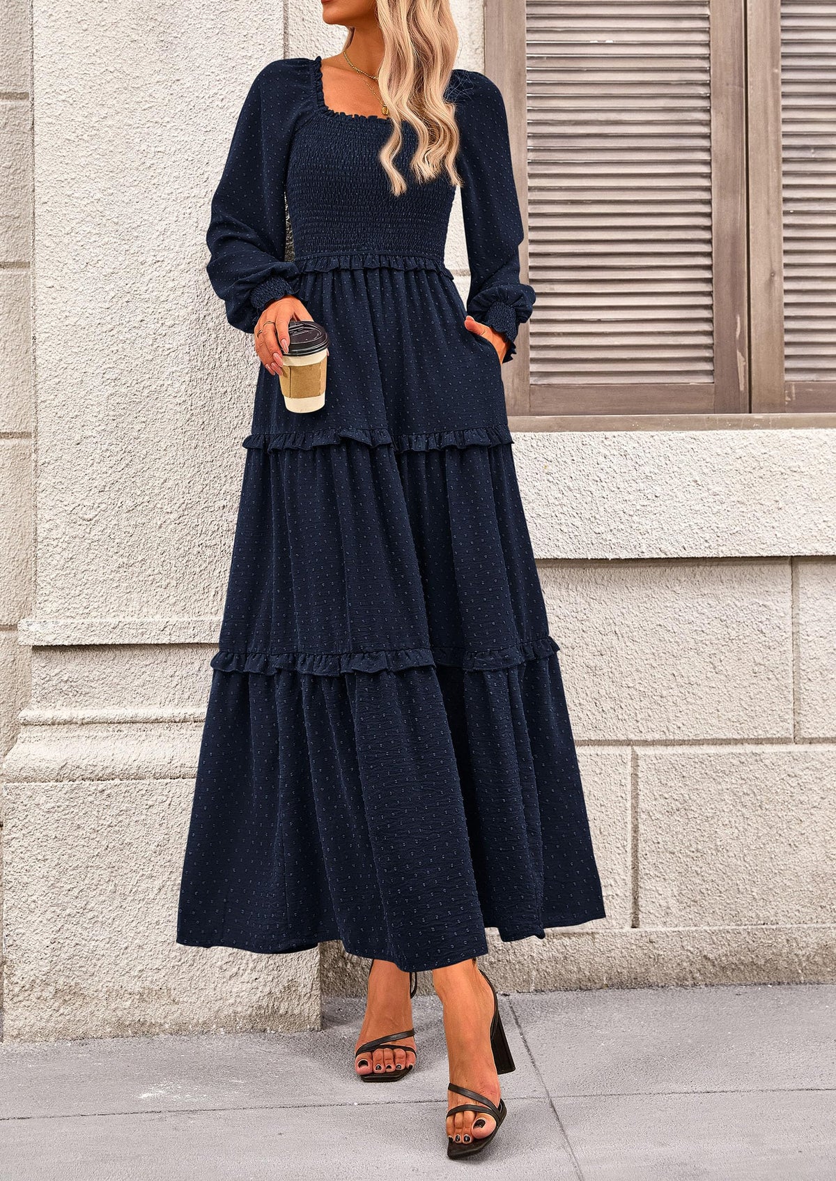 Long Sleeve Smocked Casual Square Neck Swiss Dot Tiered Ruffle Maxi Dresses