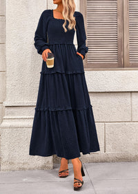 Long Sleeve Smocked Casual Square Neck Swiss Dot Tiered Ruffle Maxi Dresses