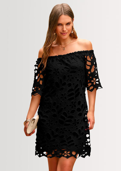 PRETTYGARDEN Women's Summer Off Shoulder Dresses Floral Lace Flare Short Sleeve Spring Vintage Elegant Mini Dress