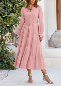 Long Sleeve V Neck Tiered Ruffle Flowy A Line Maxi Dresses