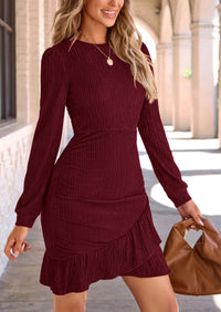 Ruched Bodycon Long Puff Sleeve Ruffle Fitted Mini Dress