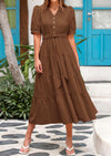 PRETTYGARDEN Casual V Neck Button Belted Ruffle A Line Flowy Tied Midi Dress