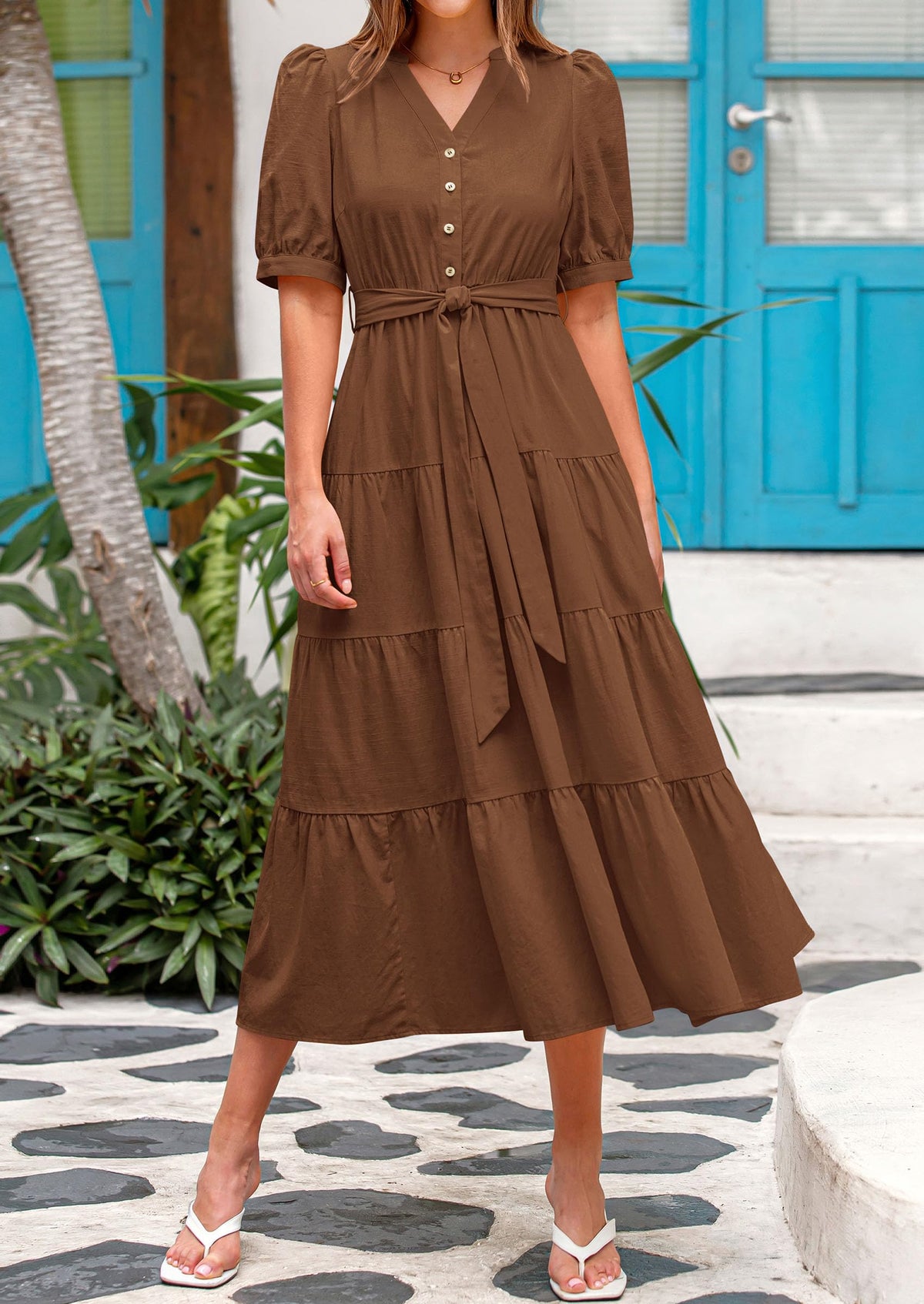 Casual Short Sleeved V-Neck Button Up Lace Up Dress