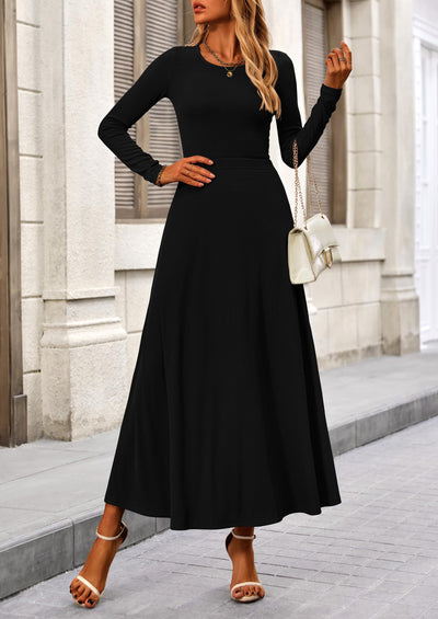 PRETTYGARDEN 2 Piece Casual Ribbed Knit Long Sleeve Crop Tops Maxi Flowy Skirts Matching Sets