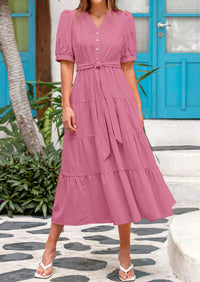 Casual Short Sleeved V-Neck Button Up Lace Up Dress