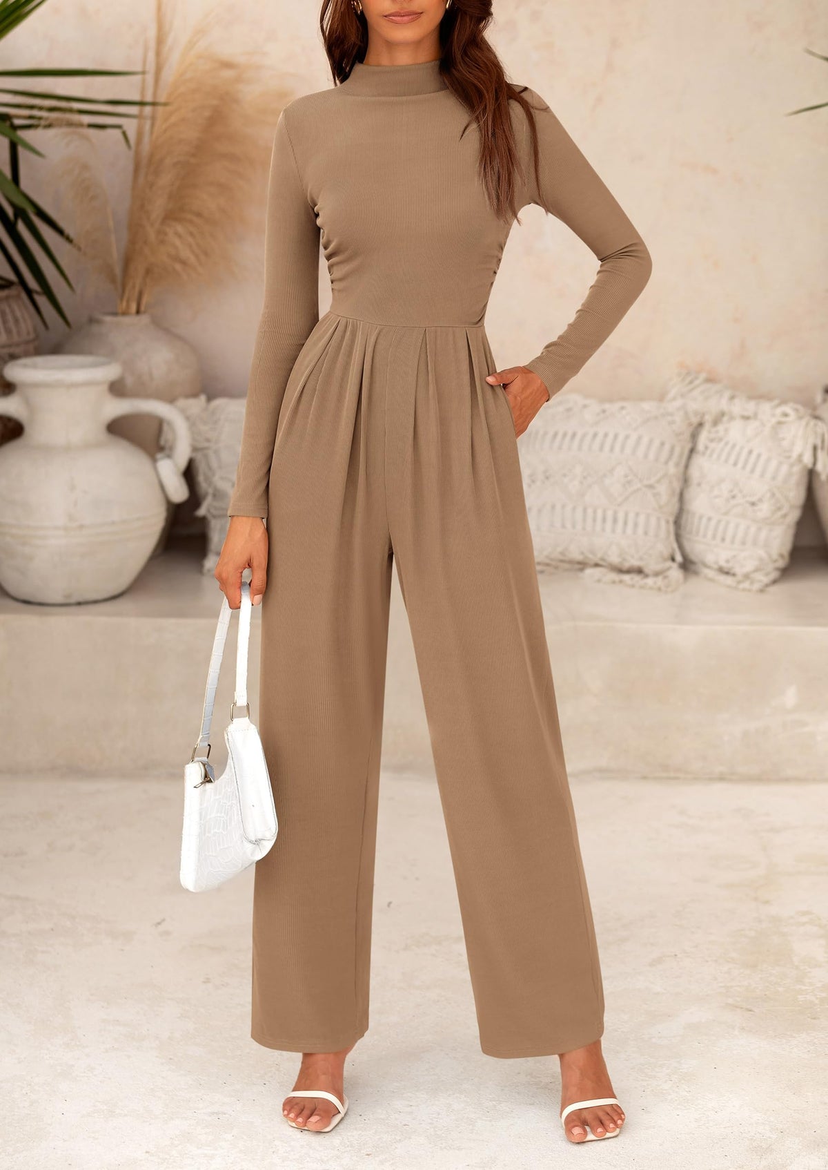 Casual Long Sleeve Mock Neck Wide Leg Jumpsuits