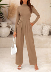 Casual Long Sleeve Mock Neck Wide Leg Jumpsuits