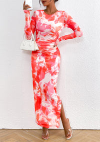 Floral Print Long Sleeve Tight Fitted Ruched Bodycon Maxi Dresses