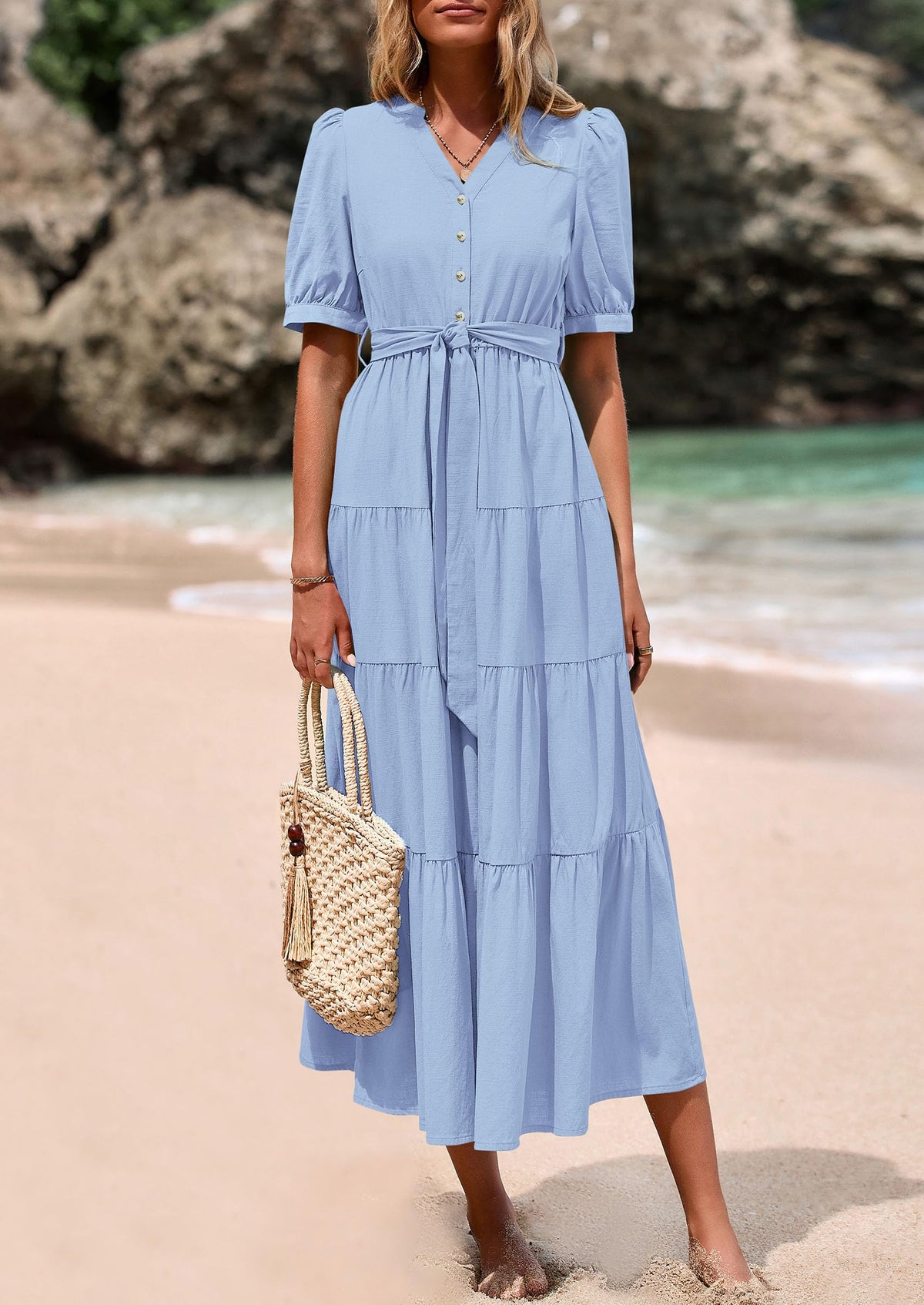 Casual Short Sleeved V-Neck Button Up Lace Up Dress