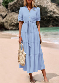 Casual Short Sleeved V-Neck Button Up Lace Up Dress