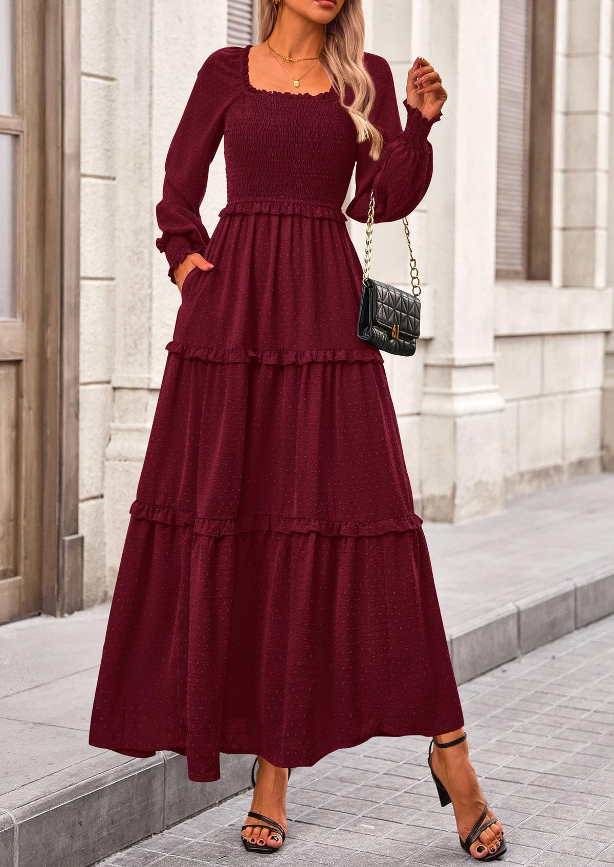 Long Sleeve Smocked Casual Square Neck Swiss Dot Tiered Ruffle Maxi Dresses