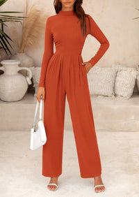 Casual Long Sleeve Mock Neck Wide Leg Jumpsuits