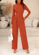 Casual Long Sleeve Mock Neck Wide Leg Jumpsuits